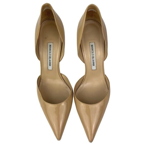 Manolo Blahnik Beige Pointed Toe Patent Leather Slip On D'Orsay Pump Heels Sz 8 - Picture 2 of 7
